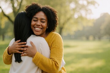 happy women embracing each other in a sunny park, sharing joy and friendship in a serene outdoor setting while enjoying a moment of connection