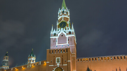 View of The Saviour Spasskaya Tower timelapse hyperlapse and Kremlin walls of Moscow Kremlin,...