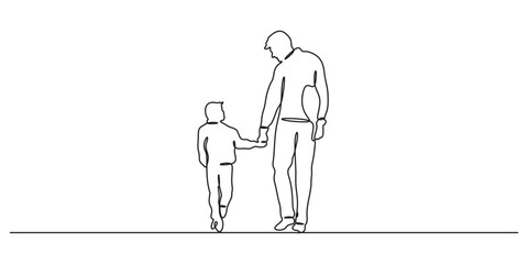 Continuous one line drawing dad with kids walking hand in hand, single line art vector illustration