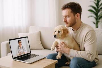 young man holding golden retriever puppy during a virtual veterinarian consultation at home, showing pet care importance and online healthcare services