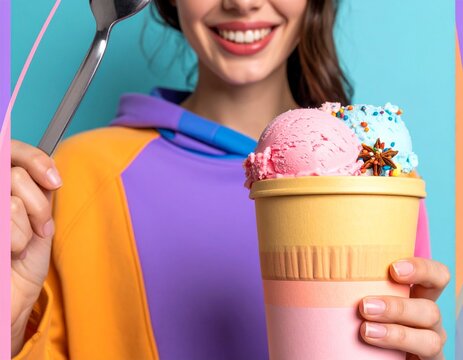 Primer plano de una persona sonriente sosteniendo un recipiente de helado con dos sabores y una cuchara de madera, sobre un fondo rosa