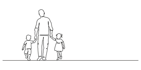 Continuous one line drawing of dad with two kids walking hand in hand, single line art vector illustration