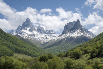 Naklejka premium majestic caucasus mountains rise dramatically against backdrop of fresh spring greenery