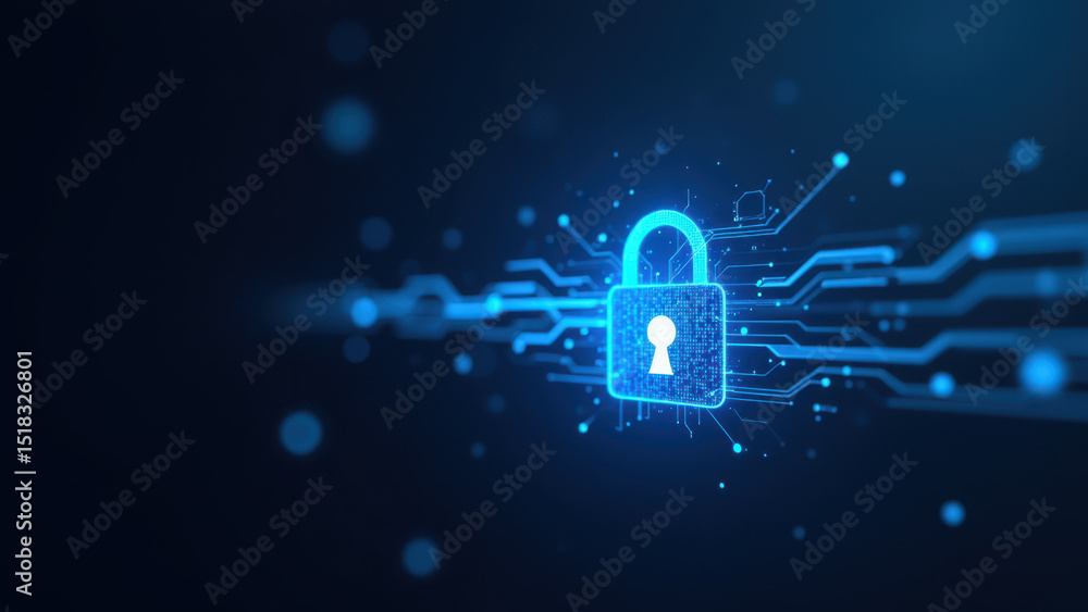 Aufkleber cybersecurity and internet security concept with a blue lock icon and digital network background.