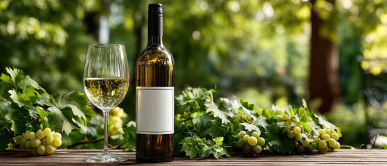 Wine bottle with blank label and glass of white wine are placed wooden table surrounded by grapevine leaves natural setting
