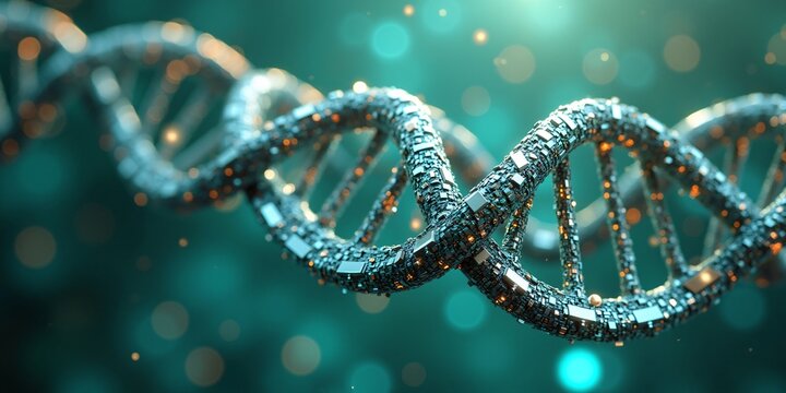 Futuristic Blue digital binary data over DNA screen Abstract Cyberspace Technology Background	
