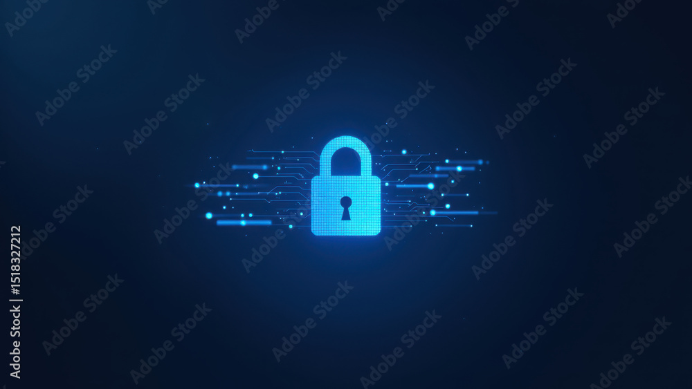 Poster cybersecurity lock symbol with dynamic blue light and digital data lines.