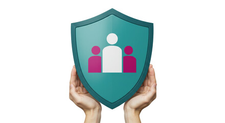 Isolated hands holding shield protecting people
