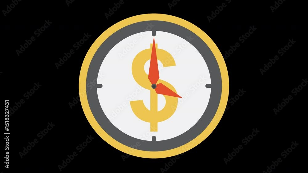 Poster animated dollar symbol clock representing time is money concept animation on a transparent backgroun