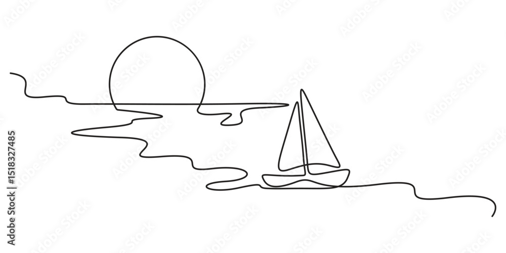 Poster continuous single minimal line drawing of sailboat. one line art style sailboat. pro vector