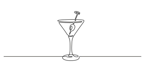One continuous line drawing cocktail wine glass symbol concept. Silhouette of alcoholic drink single line sketch drawing vector illustration