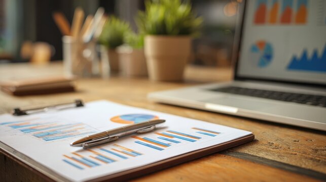 The charts and reports on a clipboard in a modern workspace setting.