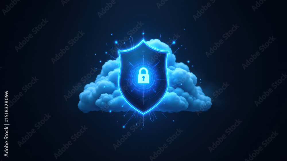 Poster a digital graphic featuring a shield with a keyhole, symbolizing cloud security or data protection.