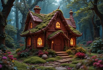 Fototapeta premium Fantasy House in Forest with Moss Roof and Glowing Windows