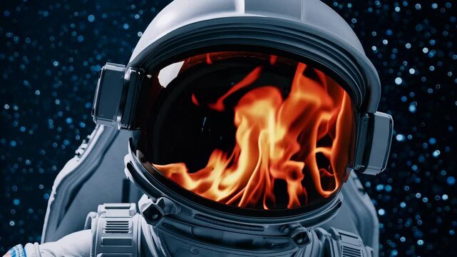 Sci-fi animation of astronaut helmet with flaming fire inside visor, surreal contradiction of elements in deep space, evoking mystery, danger, and visual paradox