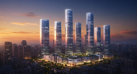 Obraz premium Stunning Architectural Rendering Modern Skyscrapers at Sunset