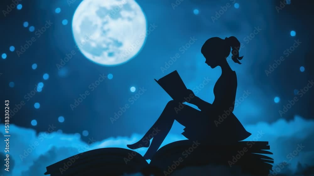 Poster a girl sits on a stack of books illuminated by moonlight, with a book open in front of her