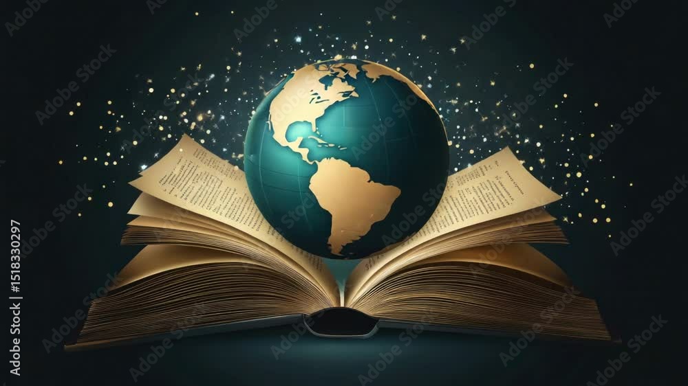 Poster a person holding an open book with a globe on top, for studying or learning purposes