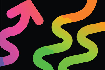 Naklejka premium Vibrant colorful arrows and curves on a black background, representing growth and progress.