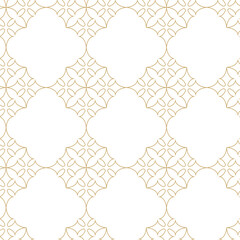 Seamless abstract geometric pattern with gold lines, squares, and shapes on white background. Ideal for fabric, wallpapers, notebooks, gift wrap, packaging, rugs, and branding.