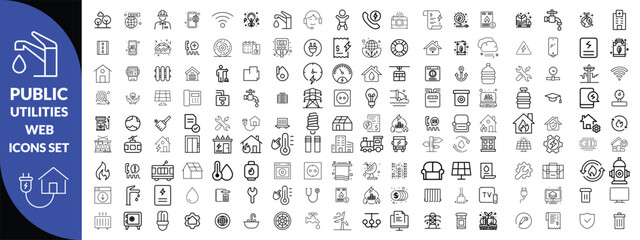 Public utilities web icons line set. Public Utilities Water, Fuel, Electricity, gas, garage, Solar House, Rent receipt, Maintainence, and More vector illustration design 