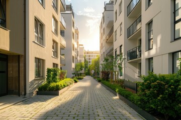 Sidewalk in a Cozy Courtyard of Modern Apartment Buildings Condo with White Walls