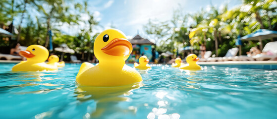 Yellow rubber ducks float in a resort water park pool on a sunny summer day capturing joy and relaxation