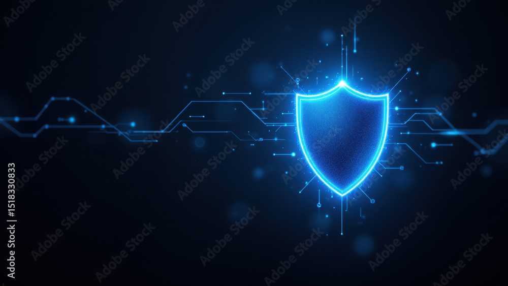 Poster a dynamic digital shield with glowing blue circuits representing cybersecurity protection.