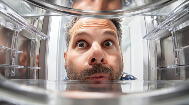 Surprised man looking into refrigerator while holding an empty plate with a funny expression on his face
