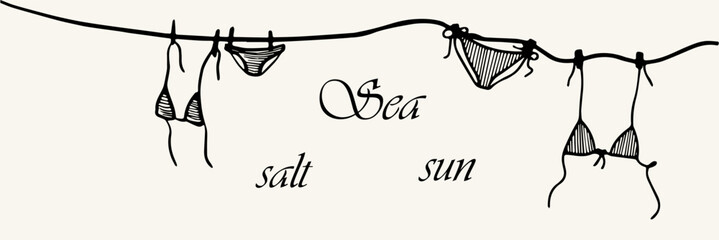Sea Salt Sun Summer Quote Minimalist Bikini Line Art Vector Illustration