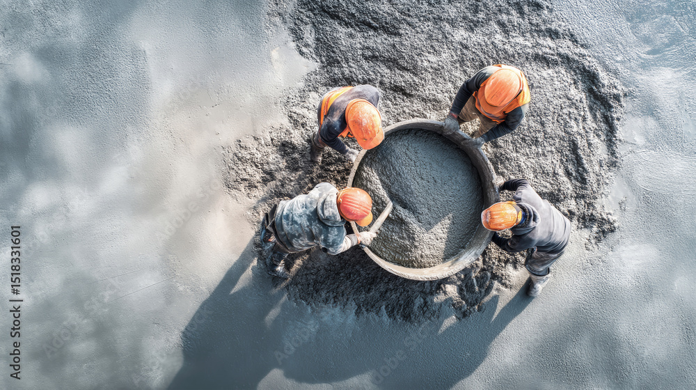 Poster construction workers pour concrete from a mixer while working on a floor project captured from a hig
