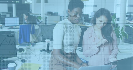 Image of data processing over diverse business people talking in office