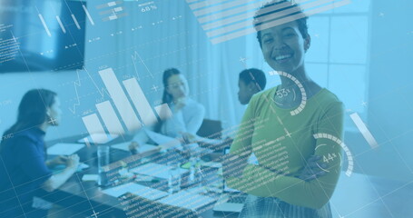 Image of data processing over diverse business people talking in office