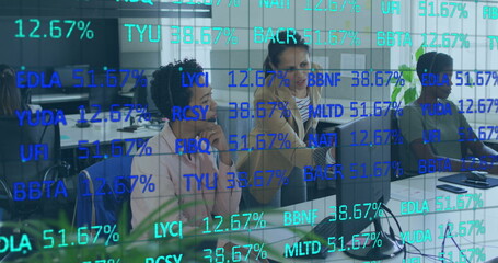 Image of data processing over diverse business people talking in office