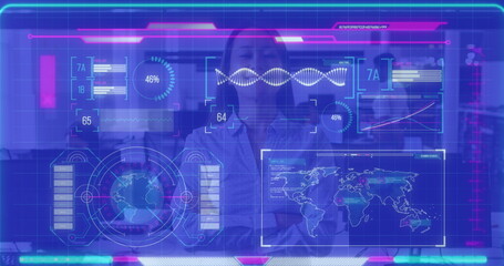 Image of data processing over asian businesswoman smiling in office