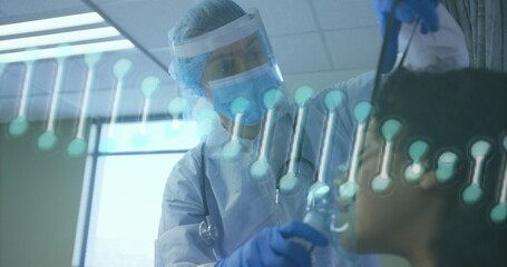 Image of dna strand spinning over doctor and african american patient using oxygen mask