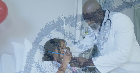 Image of dna strand spinning over doctor and african american patient using oxygen mask