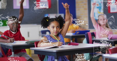 Image of falling multiple back to school icons over diverse group of students