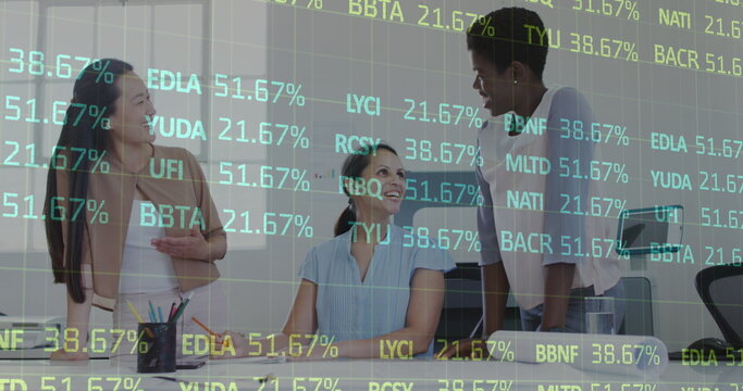 Image of data processing over diverse business people talking in office