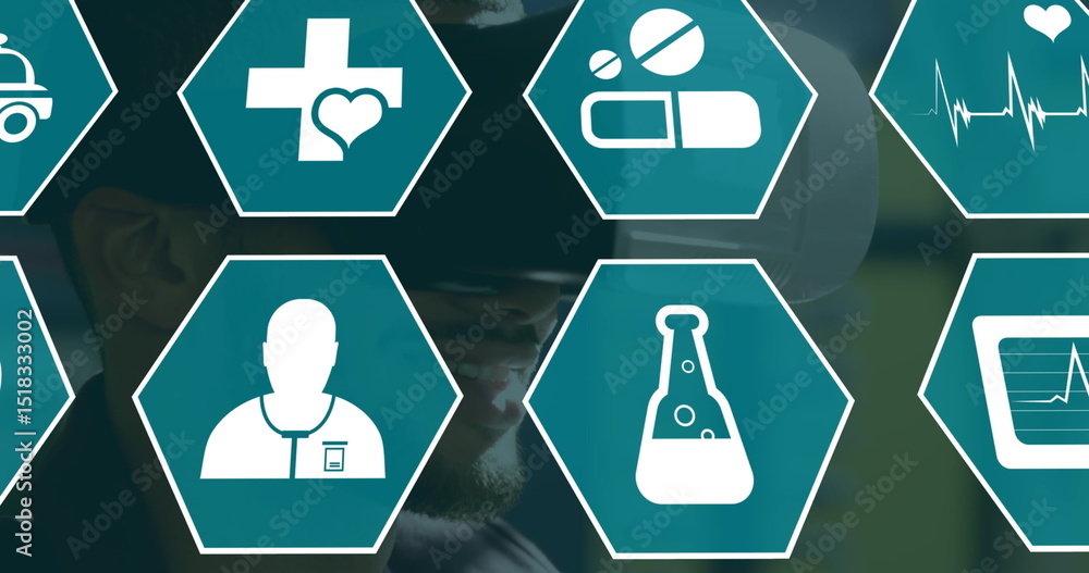 Poster image of science icons moving over men using vr headset
