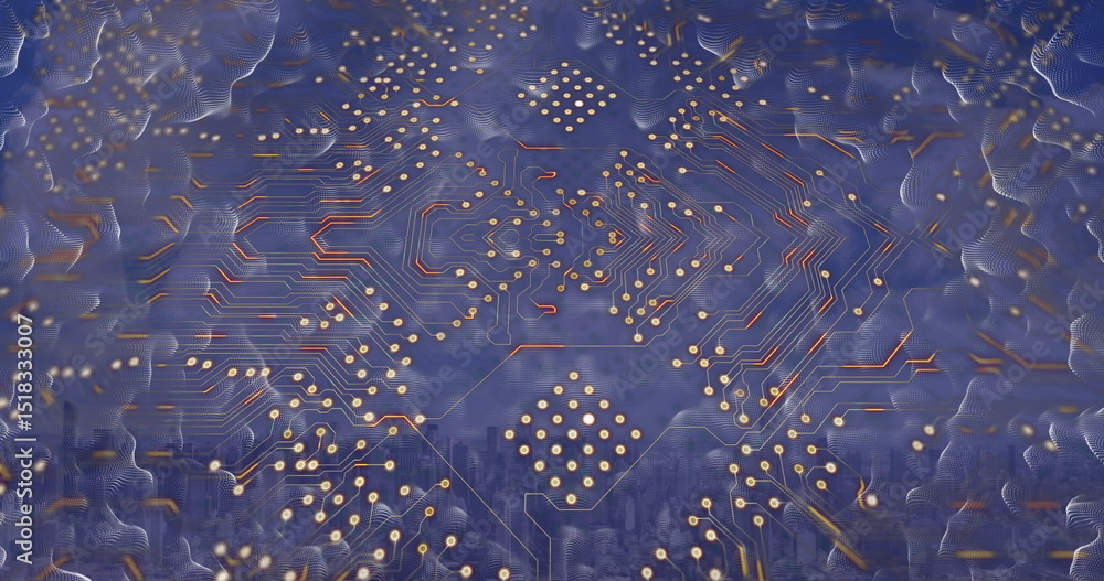 Poster image of shapes and computer circuit board over cityscape