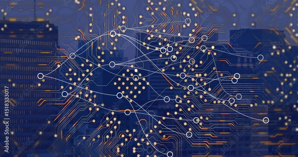 Poster image of network of connections and computer circuit board over cityscape