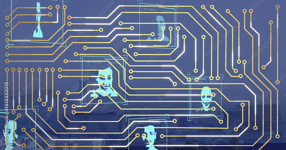 Poster image of computer circuit board and data processing with diverse people portraits over cityscape