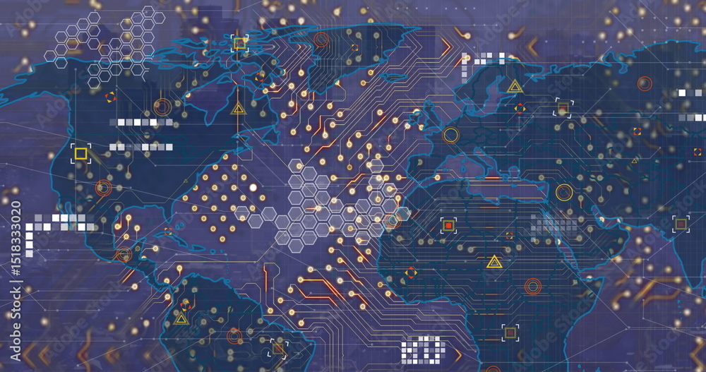 Poster image of computer circuit board and world map with data processing over cityscape
