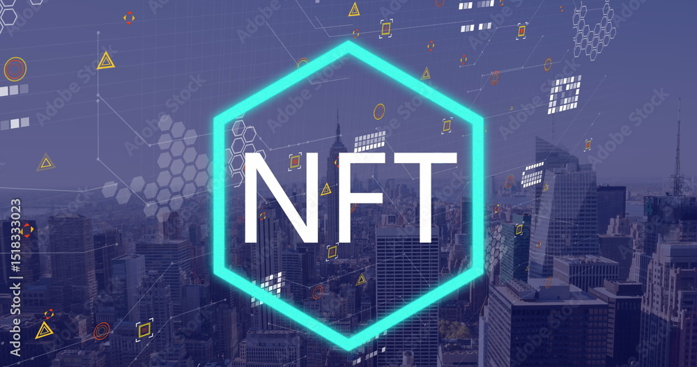 Poster image of nft text and data processing over cityscape