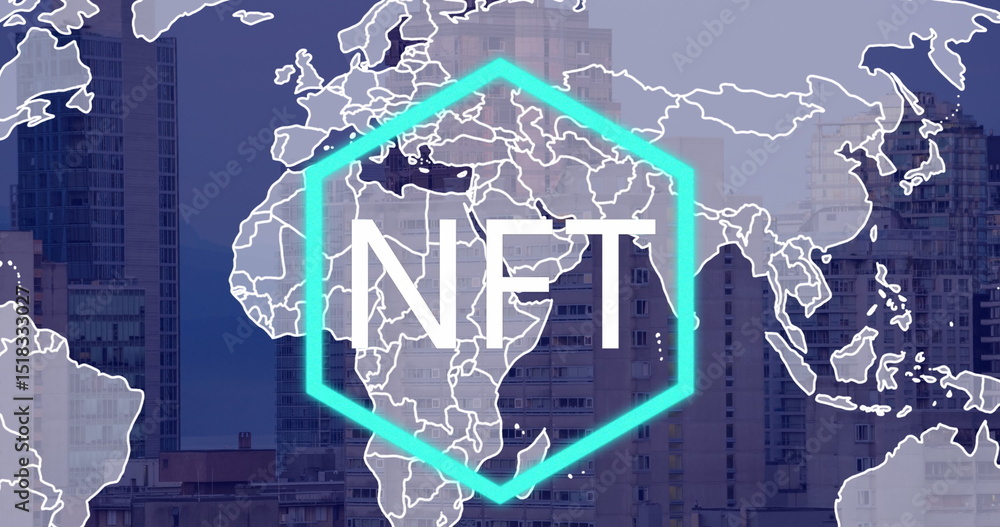 Poster image of nft text and world map over cityscape