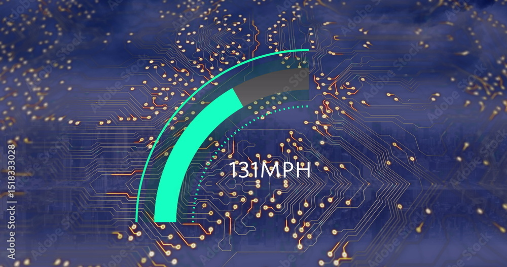 Aufkleber image of car panel with growing number and computer circuit board over cityscape