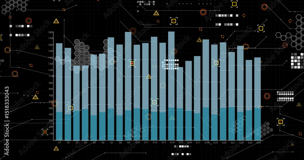 Poster image of graphs, data and icons on black background