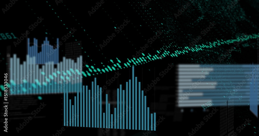 Poster image of graphs and data on black background