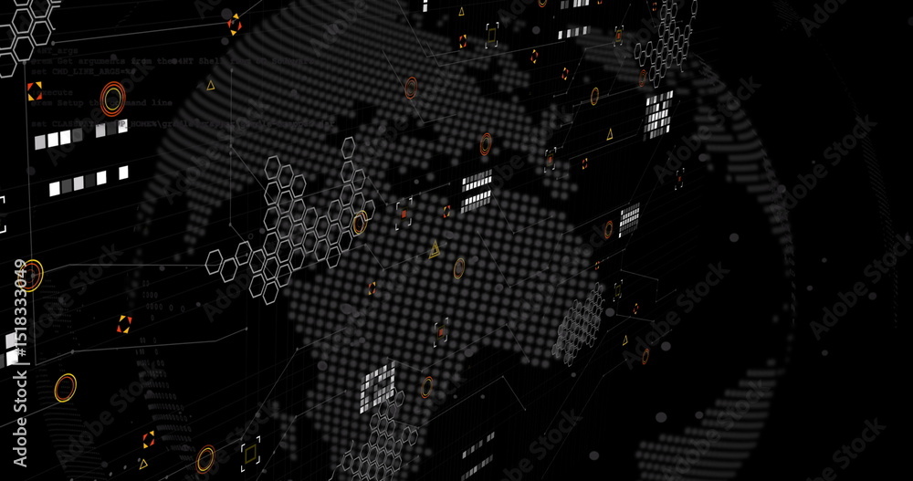Poster image of graphs, data and icons on black background